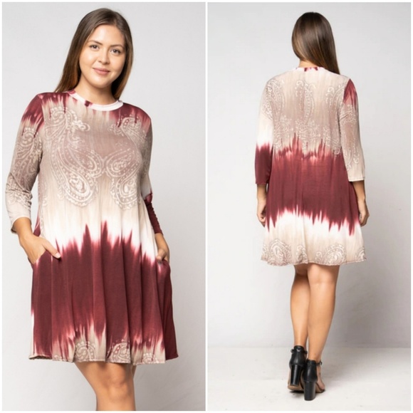 Plus size wine beige tie dye dress with pockets - Picture 2 of 5